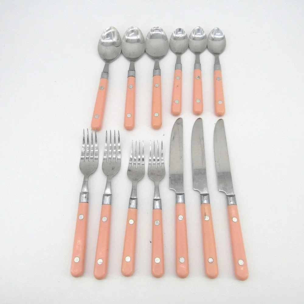 Washington Forge Mardi Gras 13pc Vintage Flatware Peach Pink Riveted Handles